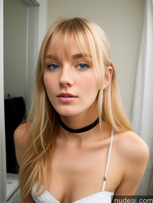 ai nude image of blond woman with blue eyes and a choker posing in front of a mirror pics of Small Tits Beautiful Skinny Small Ass 18 Bangs Bikini Choker Scandinavian Sorority Bathroom Shocked Ginger Side View