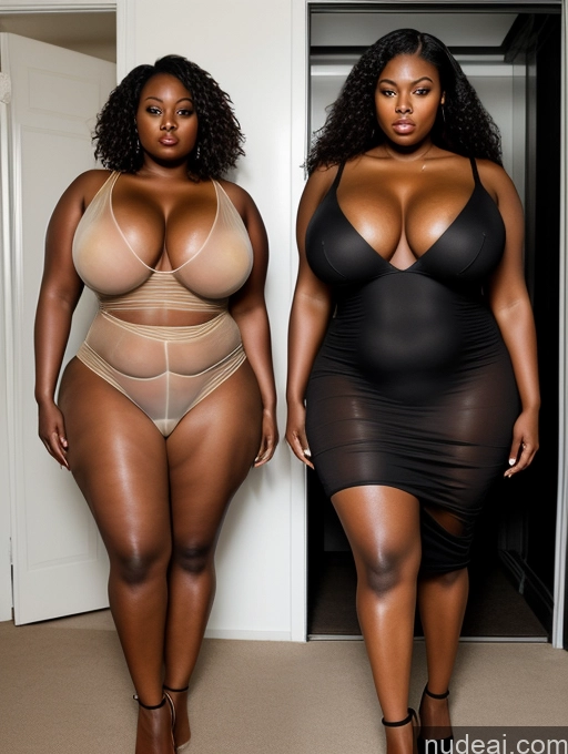 ai nude image of two women in lingersuits standing next to each other pics of Woman Huge Boobs Chubby Dark Skin 30s Black Hair Straight African Front View Shocked Dress Transparent Big Hips Tall Two Hell Nude