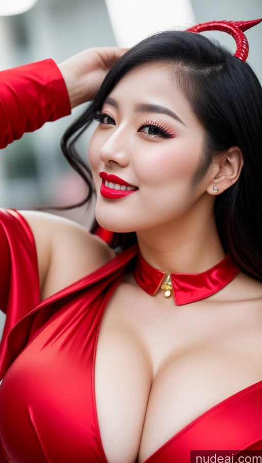 ai nude image of araffe woman in red dress posing for a picture pics of Woman Huge Boobs Beautiful Lipstick Big Ass Fairer Skin 30s Happy Seductive Black Hair Slicked Korean Close-up View Devil Bright Lighting Sexy Face