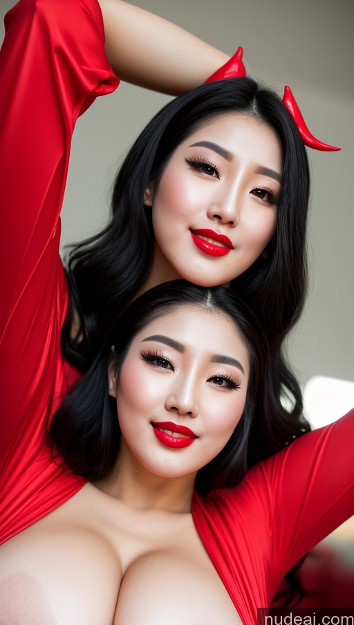 ai nude image of two women in red dresses posing for a picture with their hands on their hips pics of Woman Huge Boobs Beautiful Lipstick Big Ass Fairer Skin 30s Happy Seductive Black Hair Slicked Korean Close-up View Devil Bright Lighting Sexy Face