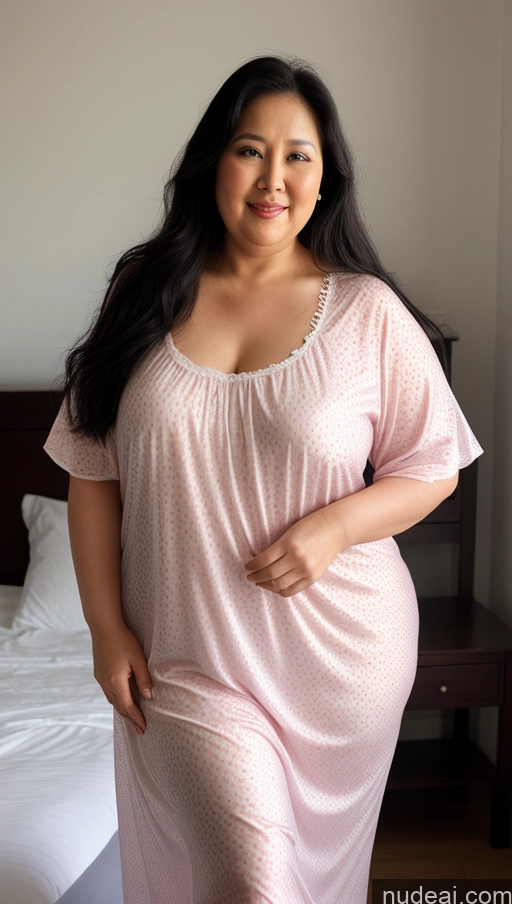 ai nude image of pregnant woman in pink dress standing in front of a bed pics of Woman One Beautiful Fat 60s Black Hair Long Hair Indonesian Front View Bright Lighting Nightgown Fairer Skin Perfect Body