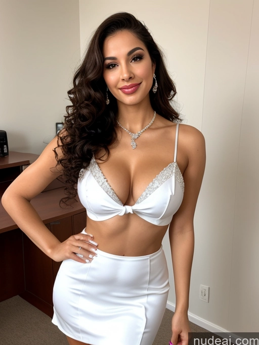 ai nude image of arafed woman in a white dress posing for a picture pics of One Perfect Boobs Beautiful Perfect Body Seductive Curly Hair Persian Front View Diamond Jewelry Cleavage Detailed Miss Universe Model Lipstick 20s Micro Skirt Skin Detail (beta) Office T-pose Bow Tie Chemise High Heels Brunette Laughing