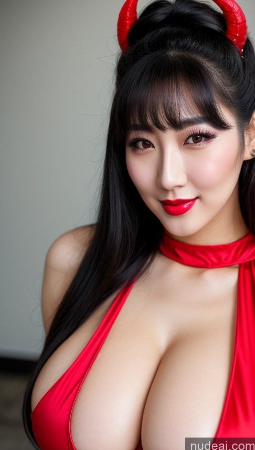 ai nude image of araffed asian woman with horns and red dress posing for a picture pics of Woman Huge Boobs Beautiful Lipstick Big Ass Fairer Skin 30s Happy Seductive Black Hair Slicked Korean Close-up View Devil Bright Lighting Sexy Face