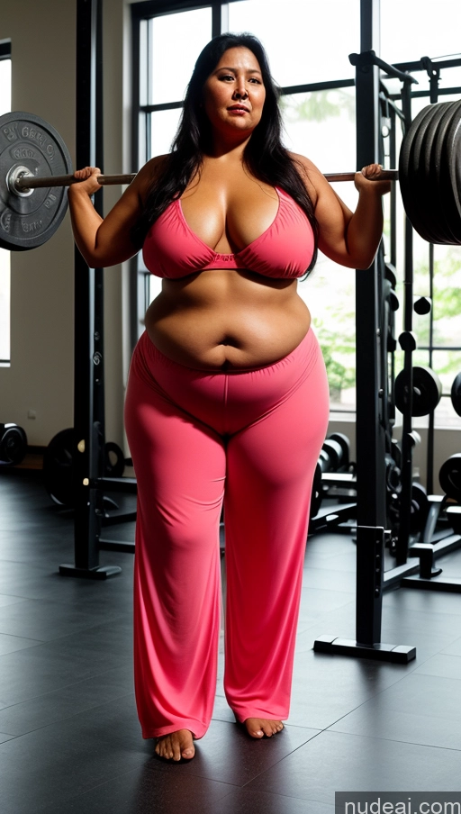 ai nude image of araffe woman in pink pants holding a barbell in a gym pics of Woman One Perfect Boobs Fat Big Hips Tanned Skin Black Hair Long Hair Front View Working Out Bright Lighting Indonesian 60s Harem Pants