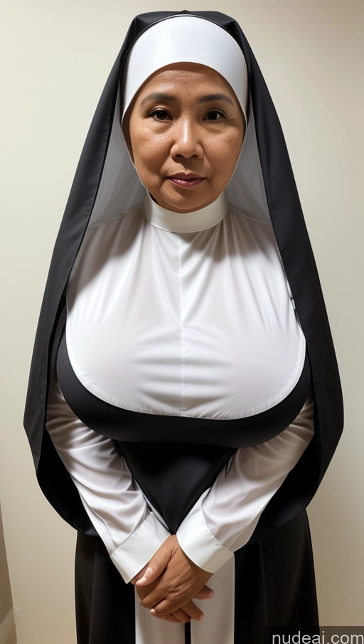 ai nude image of nun in black and white outfit standing in a room pics of Woman One Perfect Boobs Fat Tanned Skin Black Hair Long Hair Front View Bright Lighting Indonesian 60s Skin Detail (beta) Nun