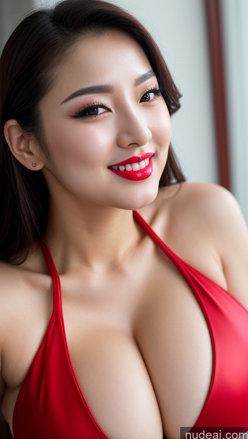 ai nude image of araffed asian woman in a red bikini posing for a picture pics of Woman Huge Boobs Beautiful Lipstick Fairer Skin 30s Happy Seductive Black Hair Slicked Korean Close-up View Devil Bright Lighting Sexy Face