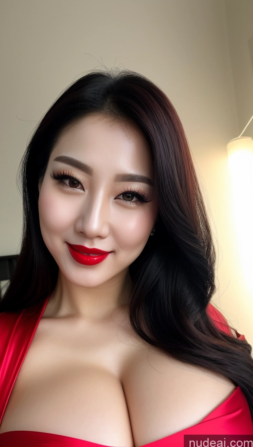 ai nude image of araffed asian woman with red dress posing for a picture pics of Woman Huge Boobs Beautiful Lipstick Fairer Skin 30s Happy Seductive Black Hair Slicked Korean Close-up View Devil Bright Lighting Sexy Face