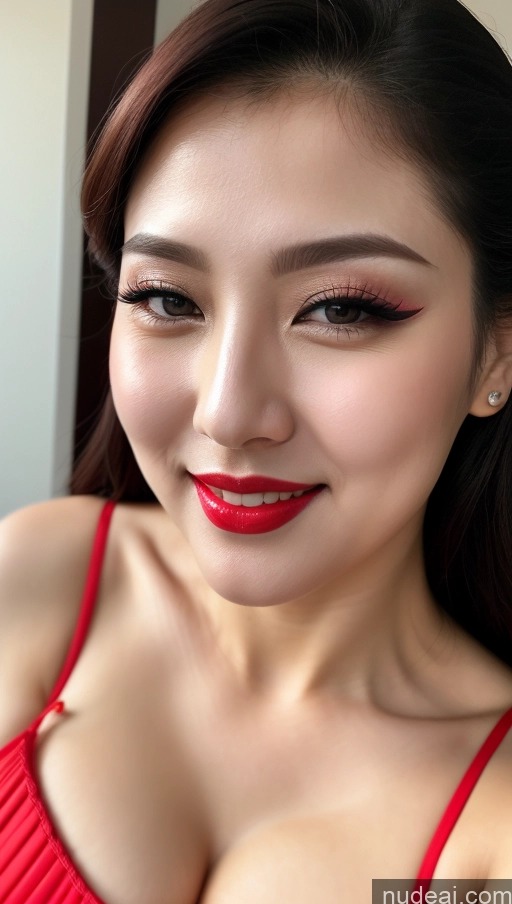 ai nude image of arafed asian woman with red lipstick and red dress posing for a picture pics of Woman Huge Boobs Beautiful Lipstick Fairer Skin 30s Happy Seductive Black Hair Slicked Korean Close-up View Devil Bright Lighting Sexy Face