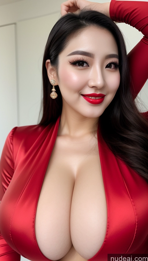 ai nude image of araffed asian woman in red dress posing for a picture pics of Woman Huge Boobs Beautiful Lipstick Fairer Skin 30s Happy Seductive Black Hair Slicked Korean Close-up View Devil Bright Lighting Sexy Face