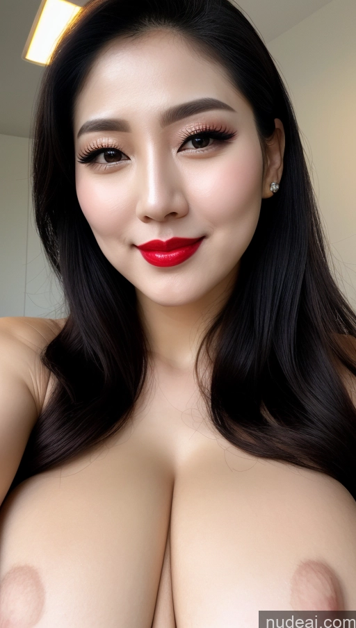 ai nude image of a close up of a woman with a big breast posing for a picture pics of Woman Huge Boobs Beautiful Lipstick Fairer Skin 30s Happy Seductive Black Hair Slicked Korean Close-up View Devil Bright Lighting Sexy Face