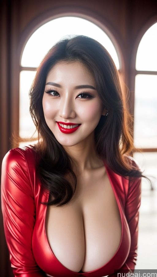 ai nude image of araffed asian woman in red dress posing for a picture pics of Woman Huge Boobs Beautiful Lipstick Fairer Skin 30s Happy Seductive Black Hair Slicked Korean Close-up View Devil Bright Lighting Sexy Face