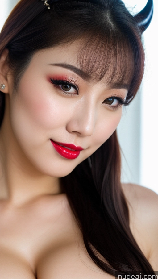 ai nude image of araffed asian woman with horns and red lipstick posing for a picture pics of Woman Huge Boobs Beautiful Lipstick Fairer Skin 30s Happy Seductive Black Hair Slicked Korean Close-up View Devil Bright Lighting Sexy Face