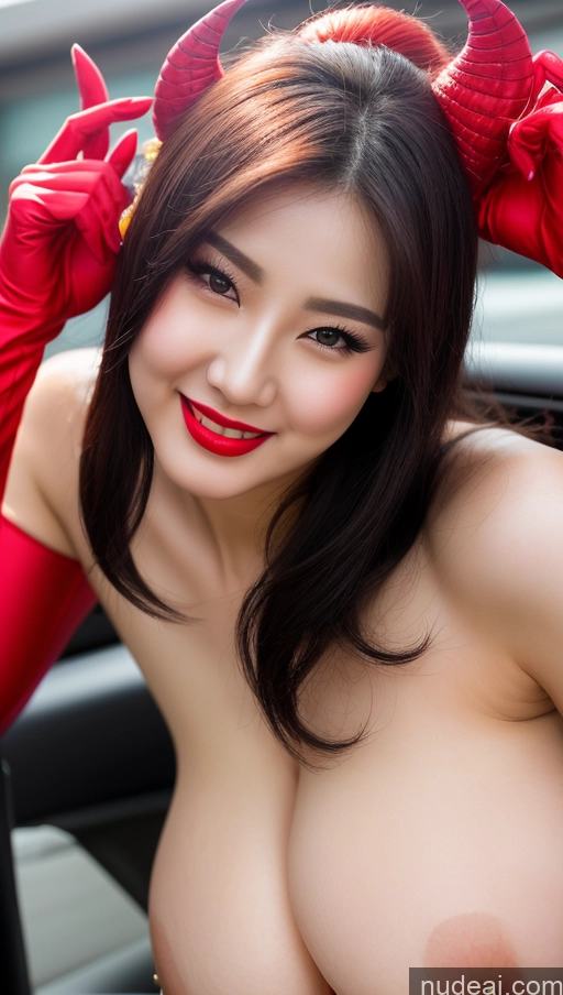 ai nude image of araffed asian woman with red gloves and red gloves posing in a car pics of Woman Huge Boobs Beautiful Lipstick Fairer Skin 30s Happy Seductive Black Hair Slicked Korean Close-up View Devil Bright Lighting Sexy Face