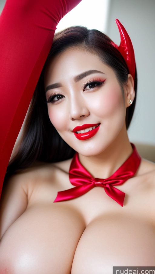 ai nude image of araffed asian woman with red horns and a red bow tie pics of Woman Huge Boobs Beautiful Lipstick Fairer Skin 30s Happy Seductive Black Hair Slicked Korean Close-up View Devil Bright Lighting Sexy Face Stockings