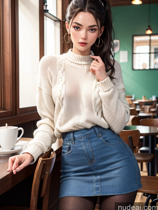 ai nude image of arafed woman in a white sweater and blue skirt sitting at a table pics of One Perfect Body 18 Woman Ponytail White Pantyhose Cafe Mini Skirt Sweater Brunette