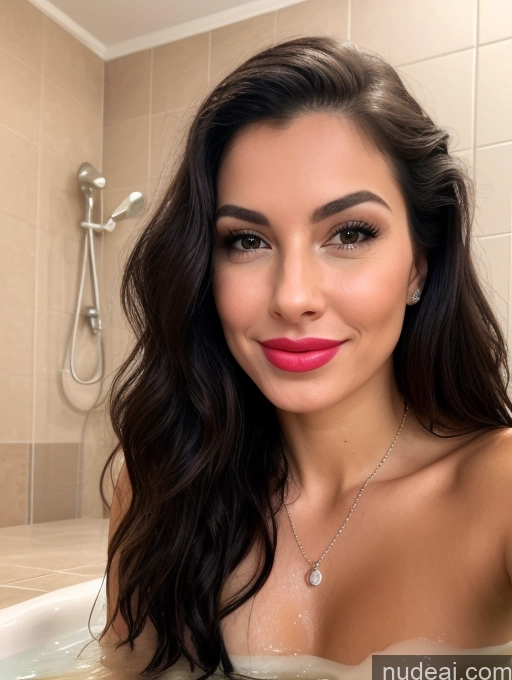 ai nude image of arafed woman in a bathtub with a necklace on her neck pics of Woman Two Perfect Boobs Lipstick 30s Happy Laughing Pouting Lips Sexy Face Long Hair Russian Changing Room Bathing Nude Jewelry