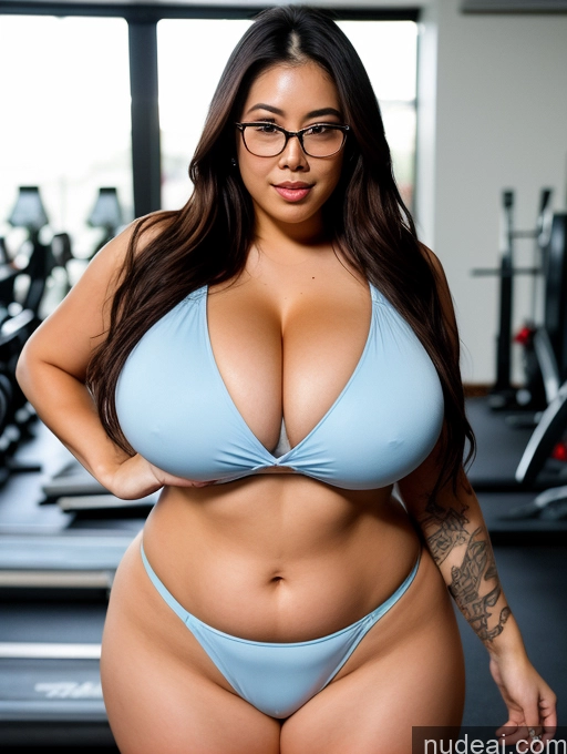 ai nude image of arafed woman in a blue bikini posing in a gym pics of Woman Busty Huge Boobs Beautiful Tattoos Big Ass Thick Chubby Big Hips Long Legs Perfect Body Oiled Body Sexy Face Brunette Long Hair Nude Bathrobe Partially Nude Chinese Lingerie Gym One Glasses 20s Working Out