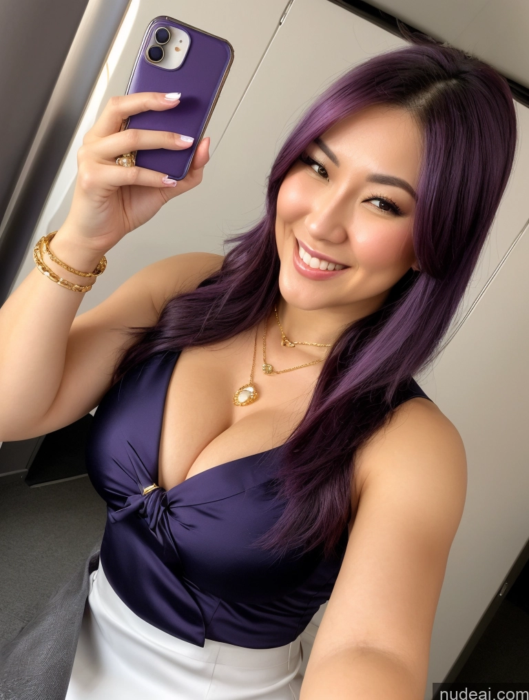 ai nude image of purple hair woman taking a selfie in a kitchen with a purple phone pics of Woman Busty Beautiful Muscular Thick Chubby Fat Big Hips 30s Happy Straight Japanese Close-up View Flight Attendant Cleavage Jewelry Perfect Boobs Laughing Mirror Selfie Purple Hair Diamond Jewelry Gold Jewelry Pearl Jewelry