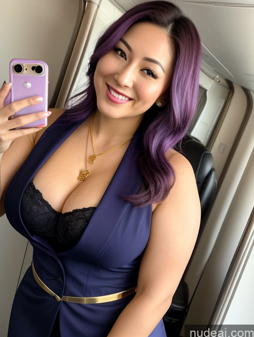 ai nude image of purple hair woman in a blue dress taking a selfie pics of Woman Busty Beautiful Muscular Thick Chubby Fat Big Hips 30s Happy Straight Japanese Close-up View Flight Attendant Cleavage Jewelry Perfect Boobs Laughing Mirror Selfie Purple Hair Diamond Jewelry Gold Jewelry Pearl Jewelry