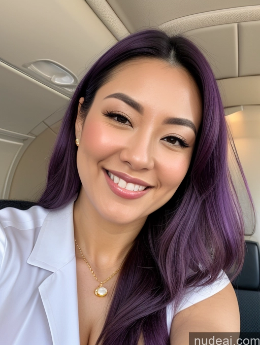 ai nude image of arafed woman with purple hair and a white shirt smiling pics of Woman Busty Beautiful Muscular Thick Chubby Fat Big Hips 30s Happy Straight Japanese Close-up View Flight Attendant Cleavage Jewelry Perfect Boobs Laughing Mirror Selfie Purple Hair Diamond Jewelry Gold Jewelry Pearl Jewelry