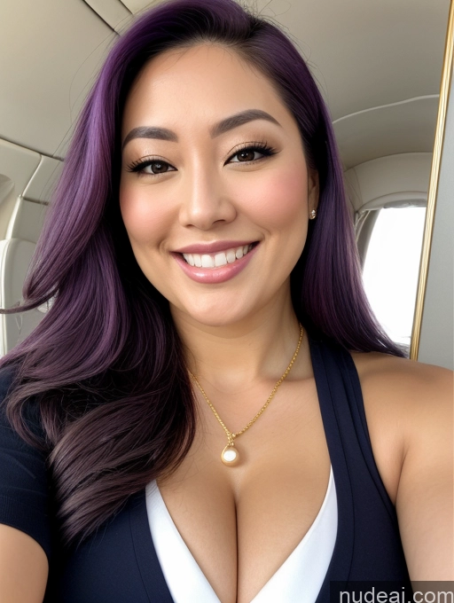 ai nude image of arafed woman with purple hair and a necklace on smiling pics of Woman Busty Beautiful Muscular Thick Chubby Fat Big Hips 30s Happy Straight Japanese Close-up View Flight Attendant Cleavage Jewelry Perfect Boobs Laughing Mirror Selfie Purple Hair Diamond Jewelry Gold Jewelry Pearl Jewelry