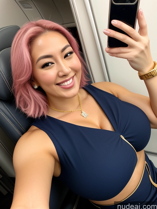 ai nude image of araffe woman with pink hair taking a selfie in a plane pics of Woman Busty Beautiful Muscular Thick Chubby Fat Big Hips 30s Happy Straight Japanese Close-up View Flight Attendant Cleavage Jewelry Perfect Boobs Laughing Mirror Selfie Diamond Jewelry Gold Jewelry Pearl Jewelry Pink Hair