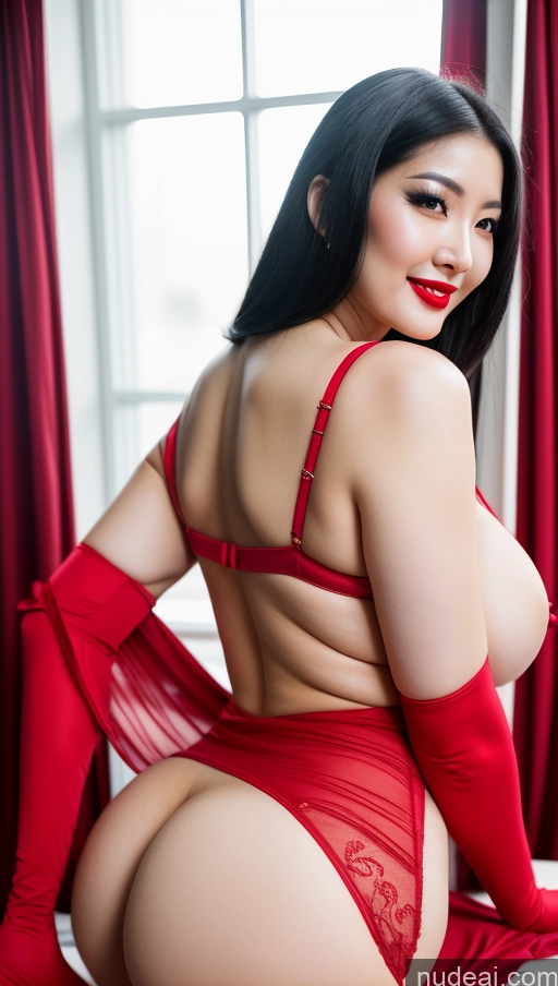 ai nude image of araffe woman in red lingerie posing in front of a window pics of Woman Huge Boobs Beautiful Lipstick Big Ass Fairer Skin 30s Happy Seductive Black Hair Slicked Korean Devil Bright Lighting Sexy Face Long Legs Stockings Front View Pubic Hair