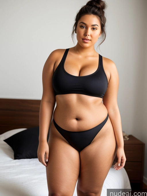 ai nude image of there is a woman in a black bikini standing on a bed pics of Woman Perfect Boobs Big Ass Thick Chubby Fat Big Hips Perfect Body 18 Black Hair Hair Bun Czech Bedroom Tanned Skin Tank Top Panties Crop Top