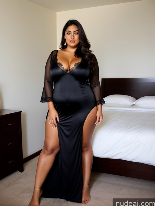 ai nude image of araffe woman in a black dress posing in a bedroom pics of Woman Perfect Boobs Big Ass Thick Chubby Fat Big Hips Perfect Body 18 Black Hair Hair Bun Bedroom Tanned Skin Arabic Nightgown