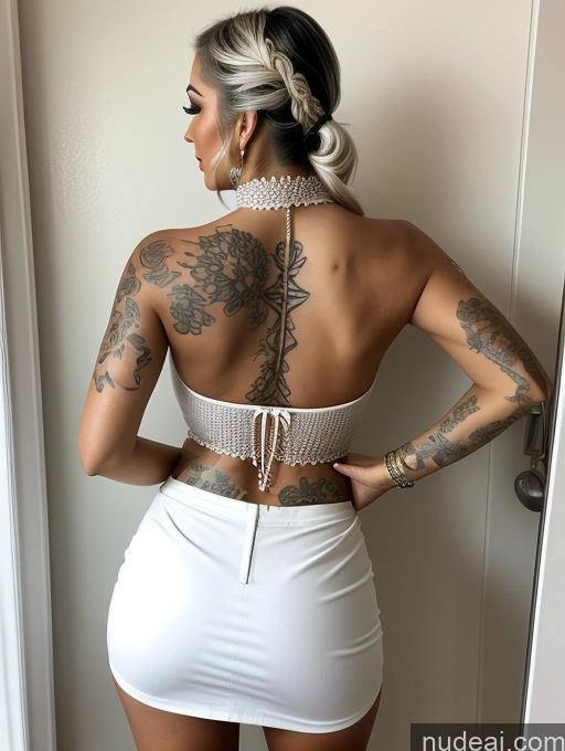 ai nude image of arafed woman with tattoos on her back and a white dress pics of Miss Universe Model One Tattoos Lipstick Big Ass Thick Big Hips Seductive White Hair Bathroom Back View Blouse Choker Transparent Diamond Jewelry Jewelry Huge Boobs 20s Pigtails Micro Skirt White Legspread