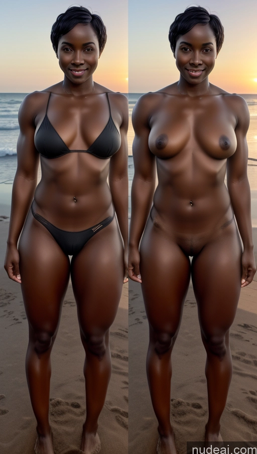 ai nude image of there are two women in bikinis standing on the beach pics of Bodybuilder One Dark Skin Small Ass Muscular Happy Black Hair Short Hair African Vintage Beach Nude Skinny Gaming Front View Goth Oiled Body 80s Onoff Partially Nude