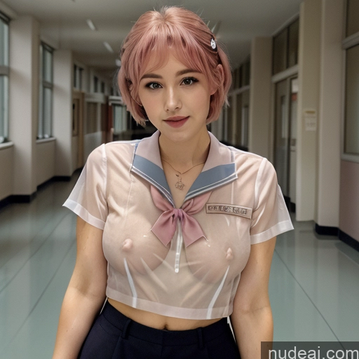 Model Perfect Boobs 30s Happy German School Hallway JK Uniform Pink Hair Short Hair Wet T-Shirt