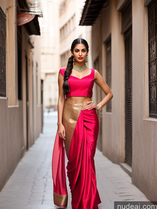 ai nude image of araffe woman in a pink sari and gold blouse standing in an alleyway pics of Miss Universe Model One Beautiful Perfect Body Long Legs Lipstick 18 Sexy Face Persian Front View Pigtails Street Sari