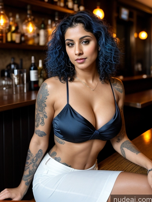 ai nude image of arafed woman with blue hair sitting at a bar pics of Athlete Busty Beautiful Tattoos Abs Short Fairer Skin Perfect Body 20s Sexy Face Blue Hair Curly Hair Indian Blouse Sari Cleavage Dark Lighting Bar