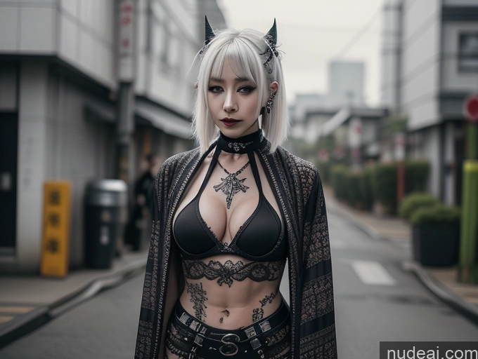 ai nude image of there is a woman with white hair and a black bra top pics of Slicked Tattoos Perfect Boobs Big Ass Abs Perfect Body Muscular Gothic Punk Girl Seductive Korean Fairer Skin White Hair Choker Kimono Police