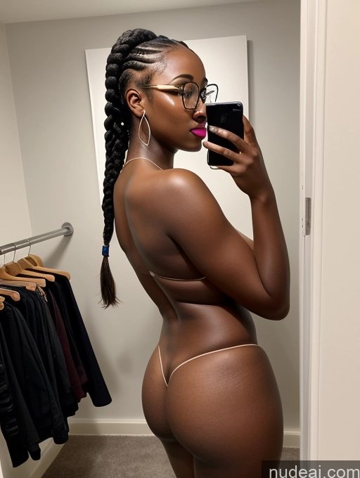 ai nude image of there is a woman taking a selfie in a bathroom mirror pics of Nude Two Big Ass Small Tits Glasses Lipstick Chubby Dark Skin 20s Sexy Face Black Hair Braided African Mirror Selfie Changing Room Side View Bright Lighting