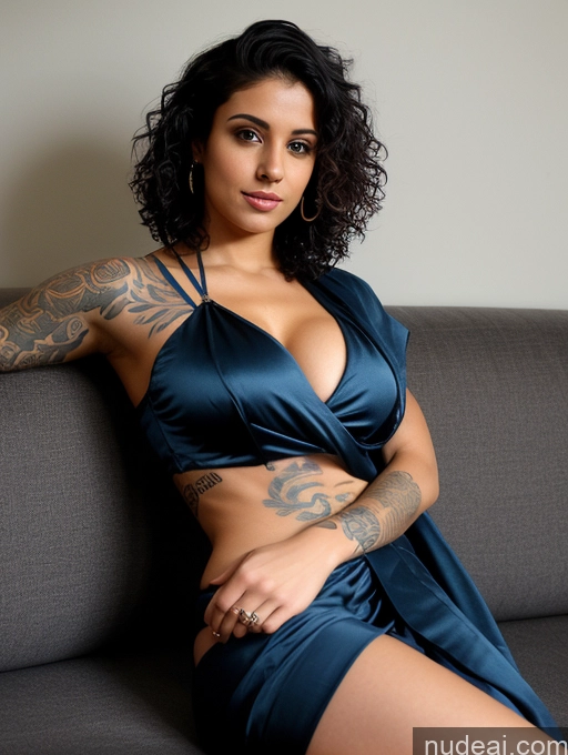 ai nude image of arafed woman with tattoos on her arms and chest sitting on a couch pics of Athlete Busty Beautiful Tattoos Abs Short Fairer Skin Perfect Body 20s Sexy Face Blue Hair Curly Hair Indian Blouse Sari Cleavage Dark Lighting Couch