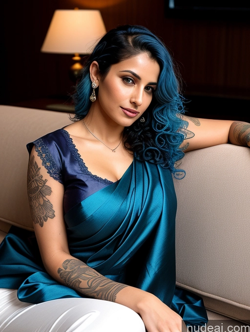 ai nude image of arafed woman with blue hair sitting on a couch in a blue dress pics of Athlete Busty Beautiful Tattoos Abs Short Fairer Skin Perfect Body 20s Sexy Face Blue Hair Curly Hair Indian Blouse Sari Cleavage Dark Lighting Couch