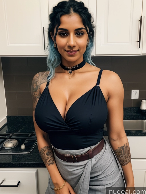 ai nude image of there is a woman with blue hair posing in a kitchen pics of Athlete Busty Beautiful Tattoos Abs Short Fairer Skin Perfect Body Sexy Face Blue Hair Curly Hair Indian Blouse Sari Cleavage Dark Lighting 18 Choker Suspender Belt Kitchen