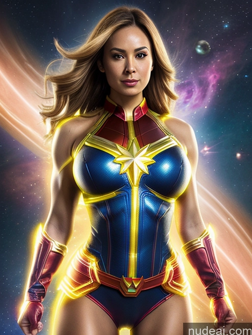 ai nude image of a woman in a costume with a star on her chest pics of Busty Muscular Cosplay Superhero Science Fiction Style Neon Lights Clothes: Yellow Captain Marvel Superheroine Powering Up Dynamic View Space Undressing