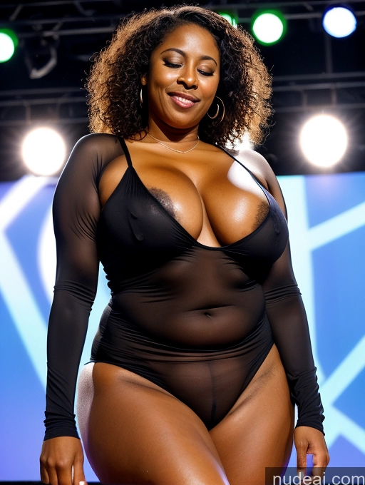 ai nude image of araffe woman in a black bodysuit posing on a stage pics of Milf Two Thick Long Legs Busty Big Ass Dark Skin 50s Orgasm Brunette Curly Hair Black Transparent High Socks Cumshot Stage