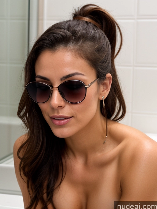 ai nude image of arafed woman with sunglasses sitting in a bathtub with a towel pics of Beautiful Sunglasses Muscular Abs Short Pubic Hair 20s Orgasm Swedish Bathroom Close-up View Nude Detailed Cumshot Small Tits Brunette Ponytail Lingerie Model