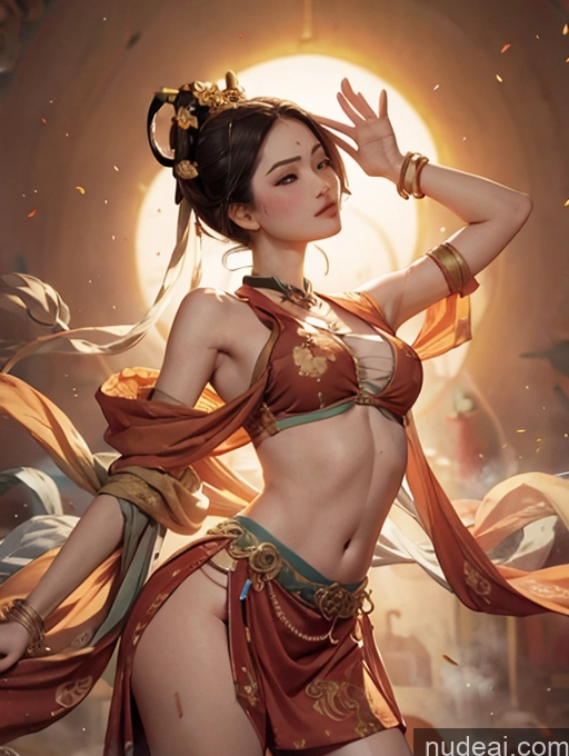 ai nude image of arafed woman in a red and gold outfit with a sword pics of Athlete Perfect Boobs Beautiful Big Ass Skinny Big Hips Perfect Body Afingering 40s Sexy Face Black Hair Long Hair German Mixed Patterns Of Text And Emoji Front View Detailed Dunhuang (敦煌) V1