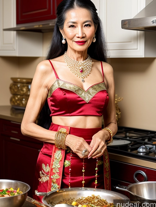 ai nude image of woman in red dress standing in kitchen with food in pans pics of Model Skinny Long Hair Vietnamese Pearl Jewelry Cooking Lipstick Seductive 70s Traditional