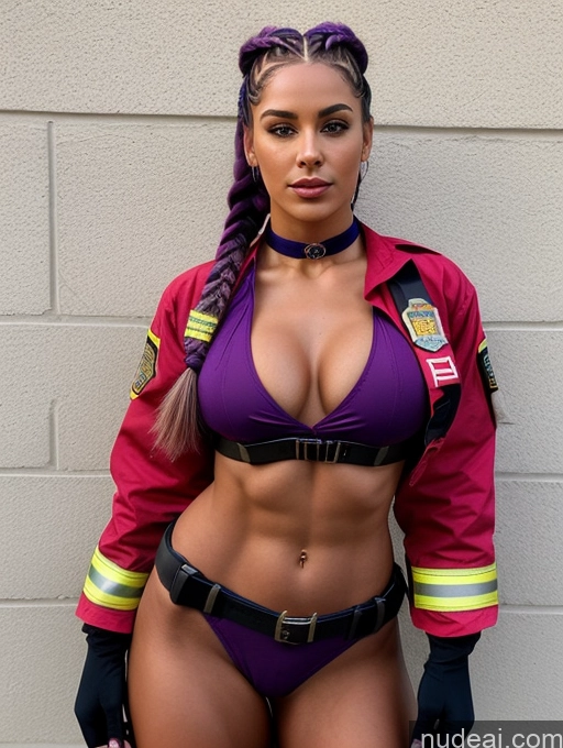 ai nude image of arafed woman in a purple bikini and firefighter uniform posing for a picture pics of Sorority Perfect Boobs Muscular Beautiful Big Ass Perfect Body Purple Hair Braided Choker Middle Eastern Firefighter