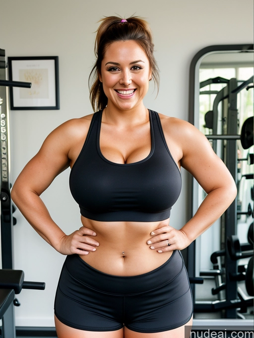 ai nude image of arafed woman in a black sports bra top and black shorts pics of Woman Busty Beautiful Thick Big Hips 30s Laughing Ponytail Brunette British Tank Top Shirt Working Out