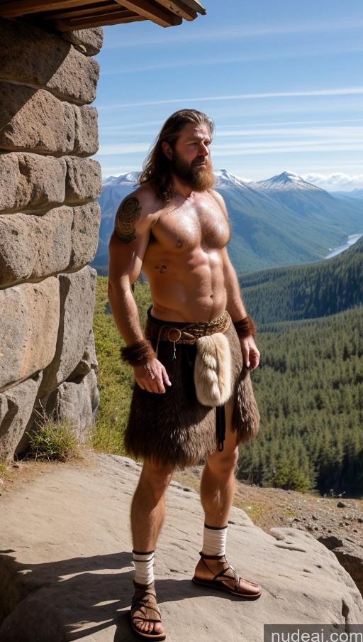 ai nude image of arafed man with a beard and a furry outfit standing on a rock pics of One Long Legs Tall Pubic Hair Sexy Face Orgasm Ginger Muscular Bright Lighting Detailed 60s Mountains German Tattoos Perfect Boobs Milf Soft + Warm Front View T-pose Transparent Cleavage Tribal Underwear Viking Messy