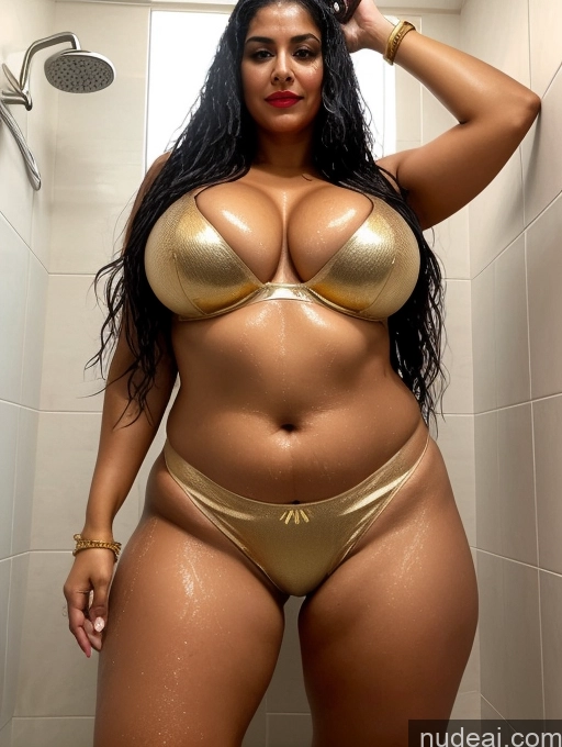 ai nude image of araffe woman in a gold bikini posing in a shower pics of Woman + Man Busty Huge Boobs Beautiful Lipstick Perfect Body Big Ass Fairer Skin 50s Shocked Sexy Face Black Hair Long Hair Indian Shower Front View T-pose Bra Panties Gold Jewelry Bright Lighting Detailed