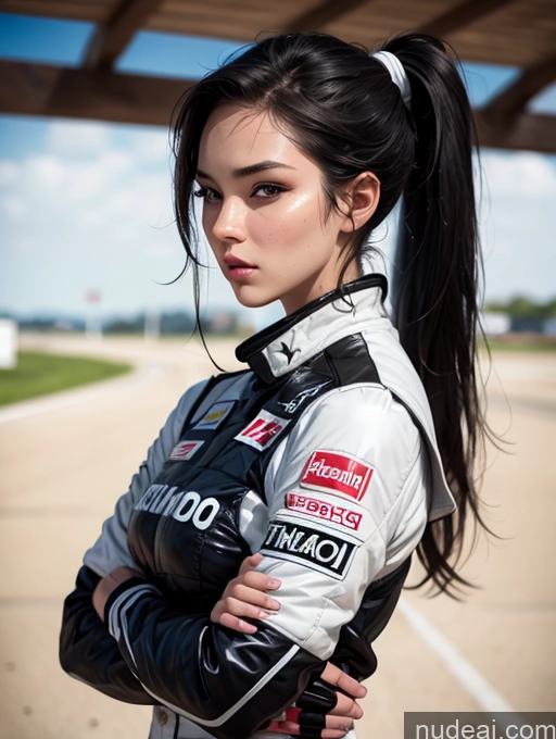 ai nude image of arafed woman in a racing suit posing for a picture pics of Model One Perfect Boobs Perfect Body 20s Sexy Face Serious Seductive Spanish Skin Detail (beta) Front View Detailed Ponytail Suit Black Hair Race Driver