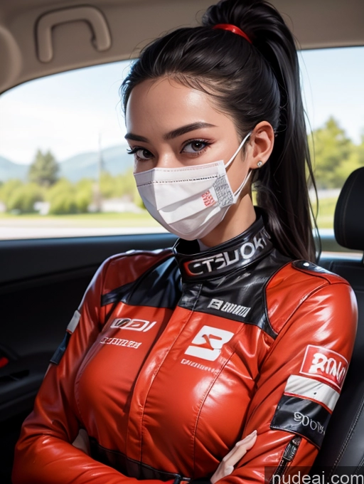 ai nude image of arafed woman in a red leather jacket and mask sitting in a car pics of One Perfect Boobs Perfect Body 20s Sexy Face Seductive Spanish Skin Detail (beta) Detailed Black Hair Suit Model Serious Ponytail Race Driver Front View Face Mask